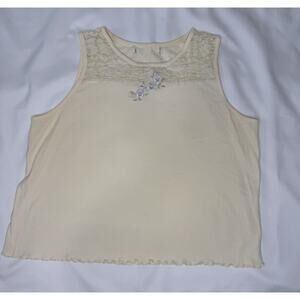 Vintage Cream Lace Trim Tank Top with Floral Embroidery – Women’s Size Medium
